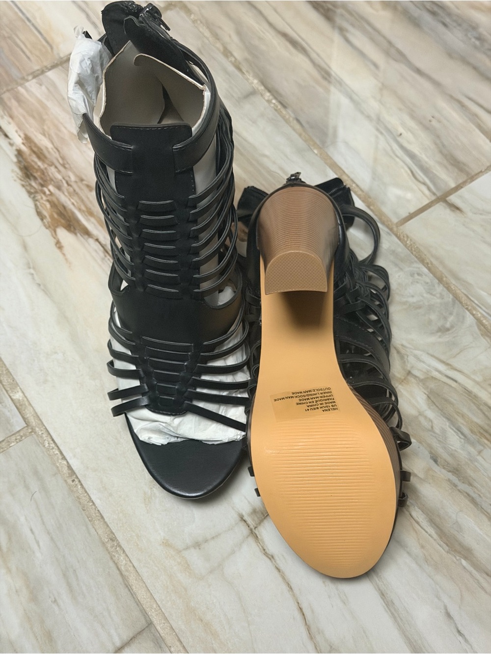 JustFab Helena Black Caged Gladiator Block Heel Sandals, Size 10, NWOT